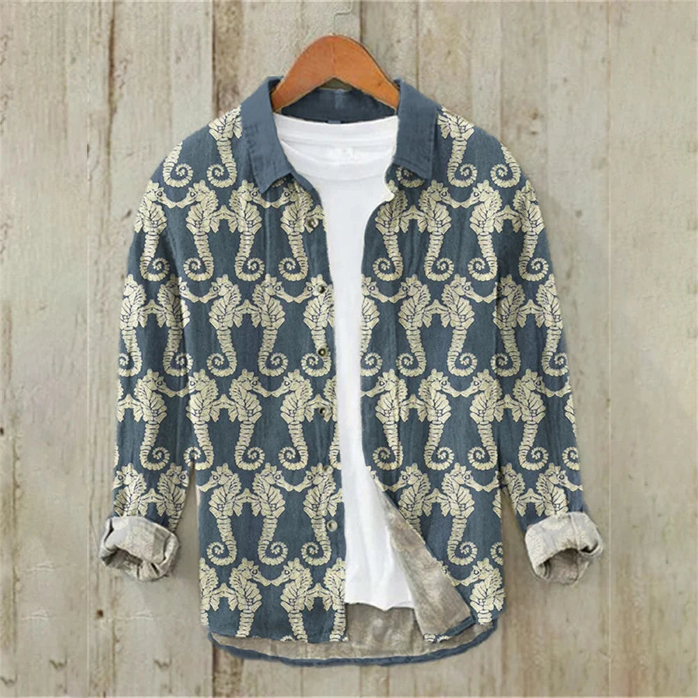 Men's Long Sleeve Shirt Linen Shirt Japanese Retro Ukiyo-e Fashion Street Casual Loose Comfort High Quality Men's Clothing