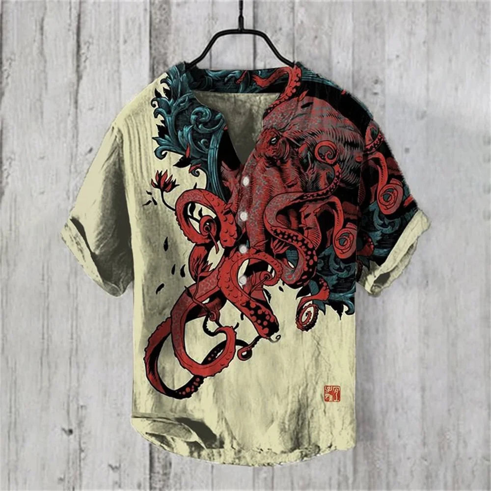 Summer Casual Men's Short Sleeve POLO Shirt Imitation Linen Printed POLO Shirt Maldives Hawaiian Vintage Clothing
