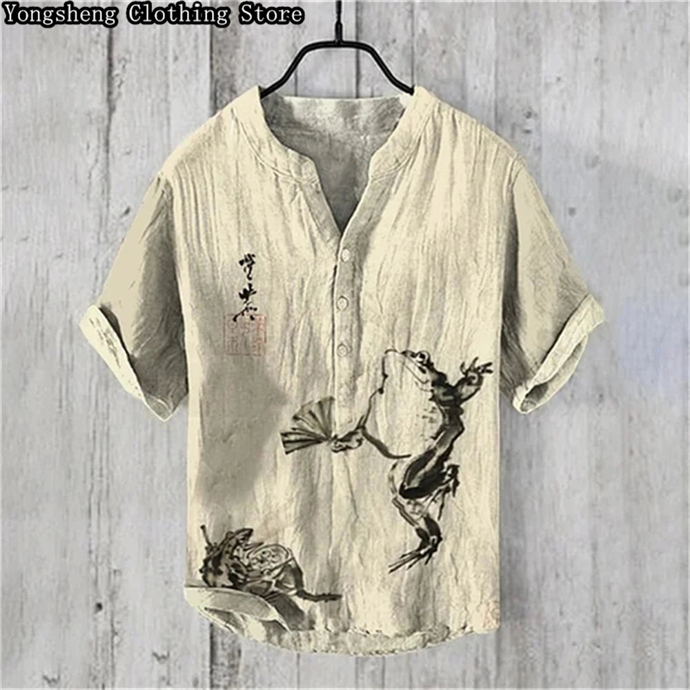 Men's Linen Print Casual POLO Shirt Short Sleeve 2024 New Ocean Whale Print Vacation Business Travel Large Size Plus Clothing