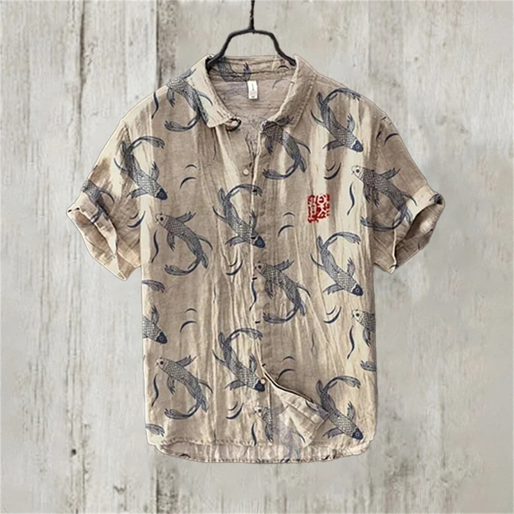 Men's Short Sleeve Linen Printed Shirt 2024 Japan Hot Selling Carp Print Holiday Daily Casual Wear Large Size XS-5XL