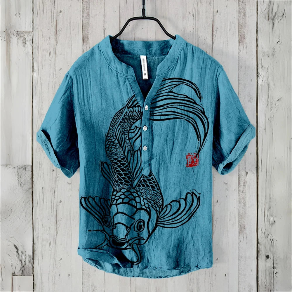 Men's short-sleeved POLO shirt linen blended clothing Japanese retro carp print comfortable casual summer large size men's tops
