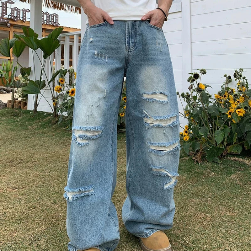 Men's Ripped Washed Straight Wide-leg Jeans Y2K Streetwear Cleanfit Blue Baggy Denim Pants Hip Hop Punk Fashion Jean Trousers