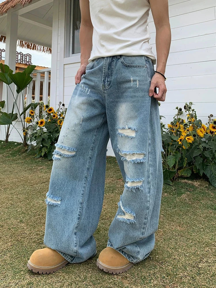 Men's Ripped Washed Straight Wide-leg Jeans Y2K Streetwear Cleanfit Blue Baggy Denim Pants Hip Hop Punk Fashion Jean Trousers