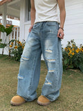 Men's Ripped Washed Straight Wide-leg Jeans Y2K Streetwear Cleanfit Blue Baggy Denim Pants Hip Hop Punk Fashion Jean Trousers