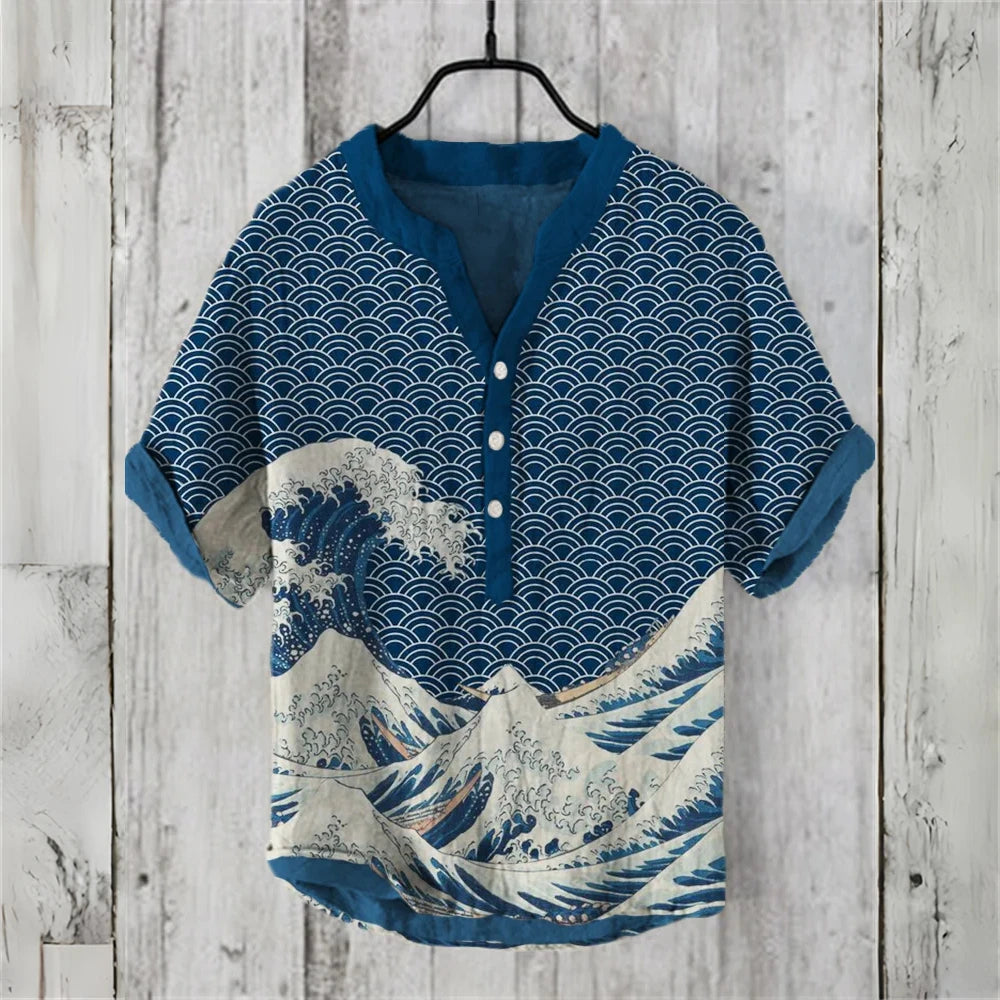 Men's short-sleeved POLO shirt linen blend clothing Japanese retro wave illustration high quality casual men's tops