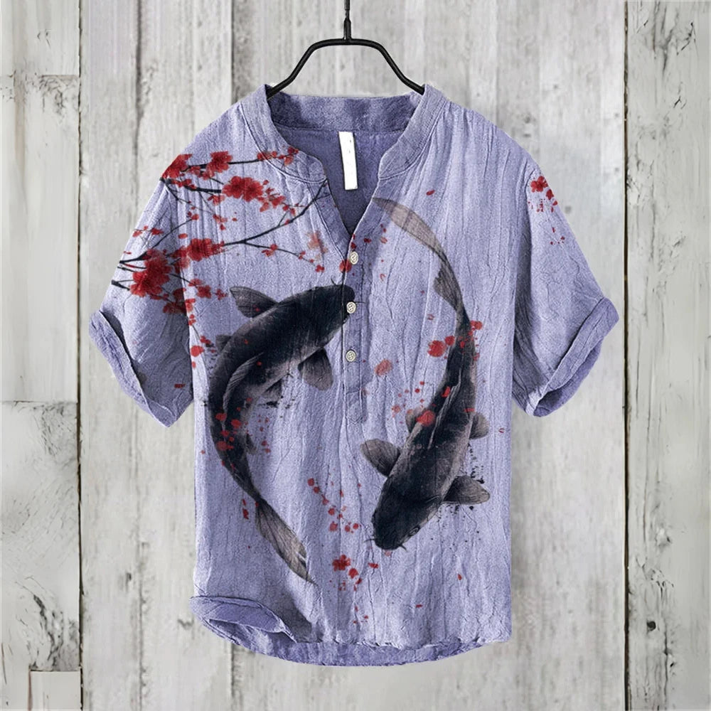 2025 New Retro Men's Short Sleeve POLO Shirt Linen Blended Printed Clothing Hawaiian Casual Fashion Large Size Men's Tops
