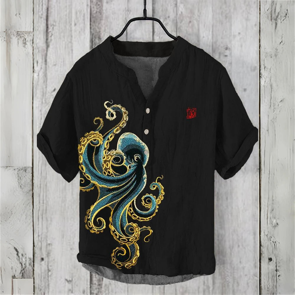 Summer Casual Men's Short Sleeve POLO Shirt Imitation Linen Printed POLO Shirt Maldives Hawaiian Vintage Clothing