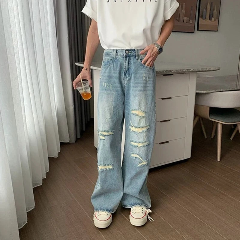 Men's Ripped Washed Straight Wide-leg Jeans Y2K Streetwear Cleanfit Blue Baggy Denim Pants Hip Hop Punk Fashion Jean Trousers