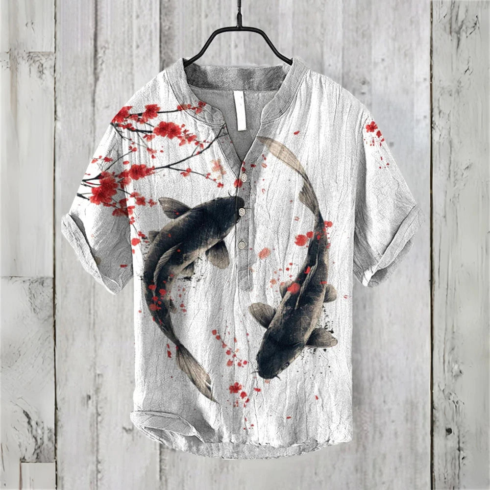 2025 New Retro Men's Short Sleeve POLO Shirt Linen Blended Printed Clothing Hawaiian Casual Fashion Large Size Men's Tops