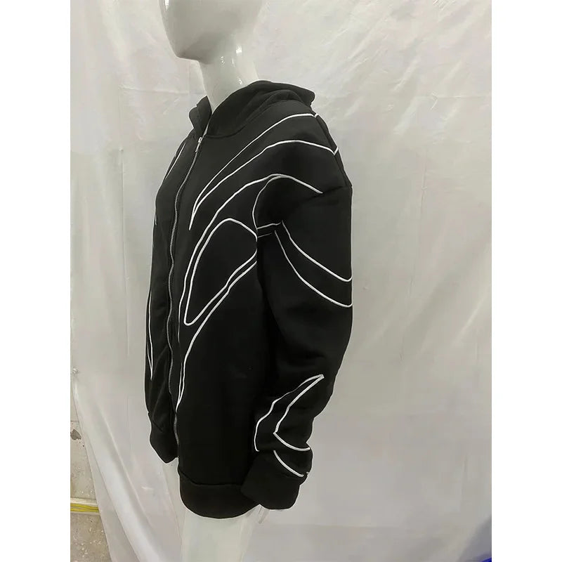 Street Retro Fashion Clothing Striped Embroidered Black Double Zipper Hoodie American Hip-hop Punk Oversized Sweatshirt women