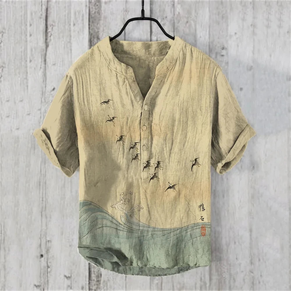 Chinese retro men's short-sleeved POLO shirt linen blended printed clothing casual fashion Hawaiian large size men's tops