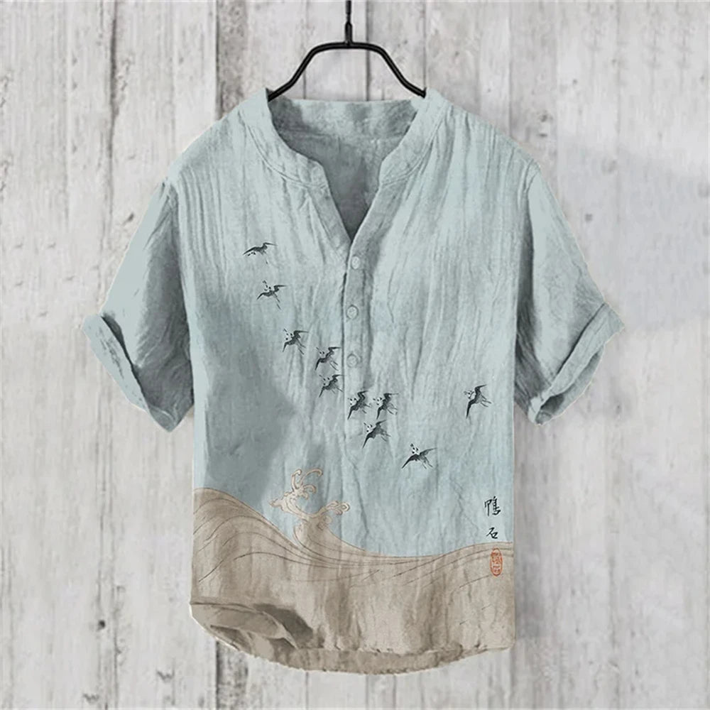 Chinese retro men's short-sleeved POLO shirt linen blended printed clothing casual fashion Hawaiian large size men's tops