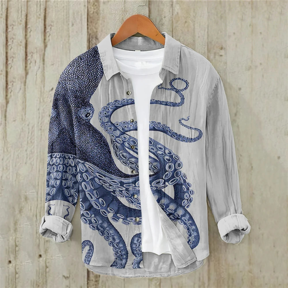 Men's Long Sleeve Shirt Linen Shirt Japanese Retro Ukiyo-e Fashion Street Casual Loose Comfort High Quality Men's Clothing