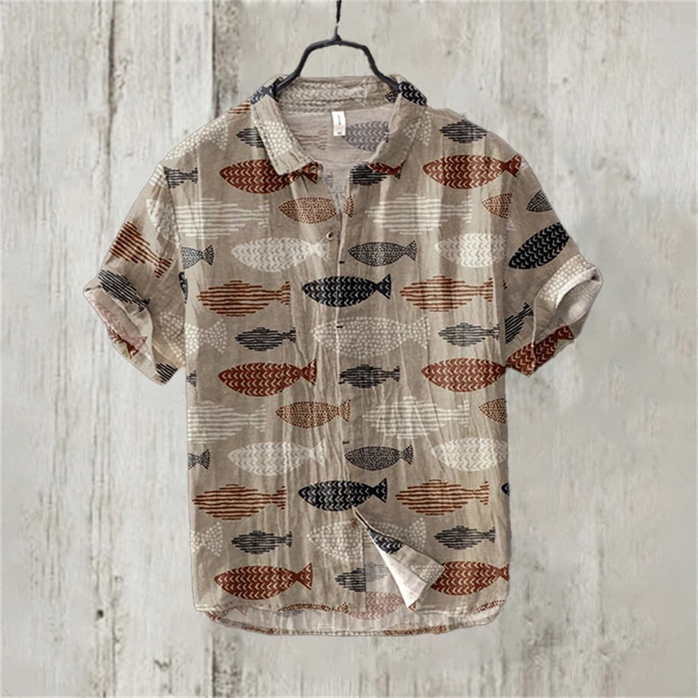 Men's Short Sleeve Linen Printed Shirt 2024 Japan Hot Selling Carp Print Holiday Daily Casual Wear Large Size XS-5XL
