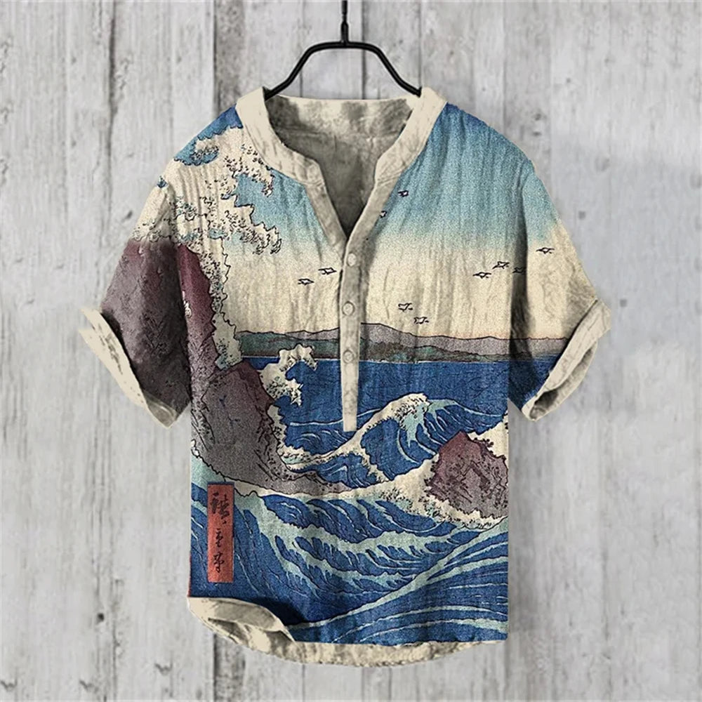 Men's short-sleeved POLO shirt imitation linen POLO shirt printed Kanagawa waves Japanese retro men's clothing