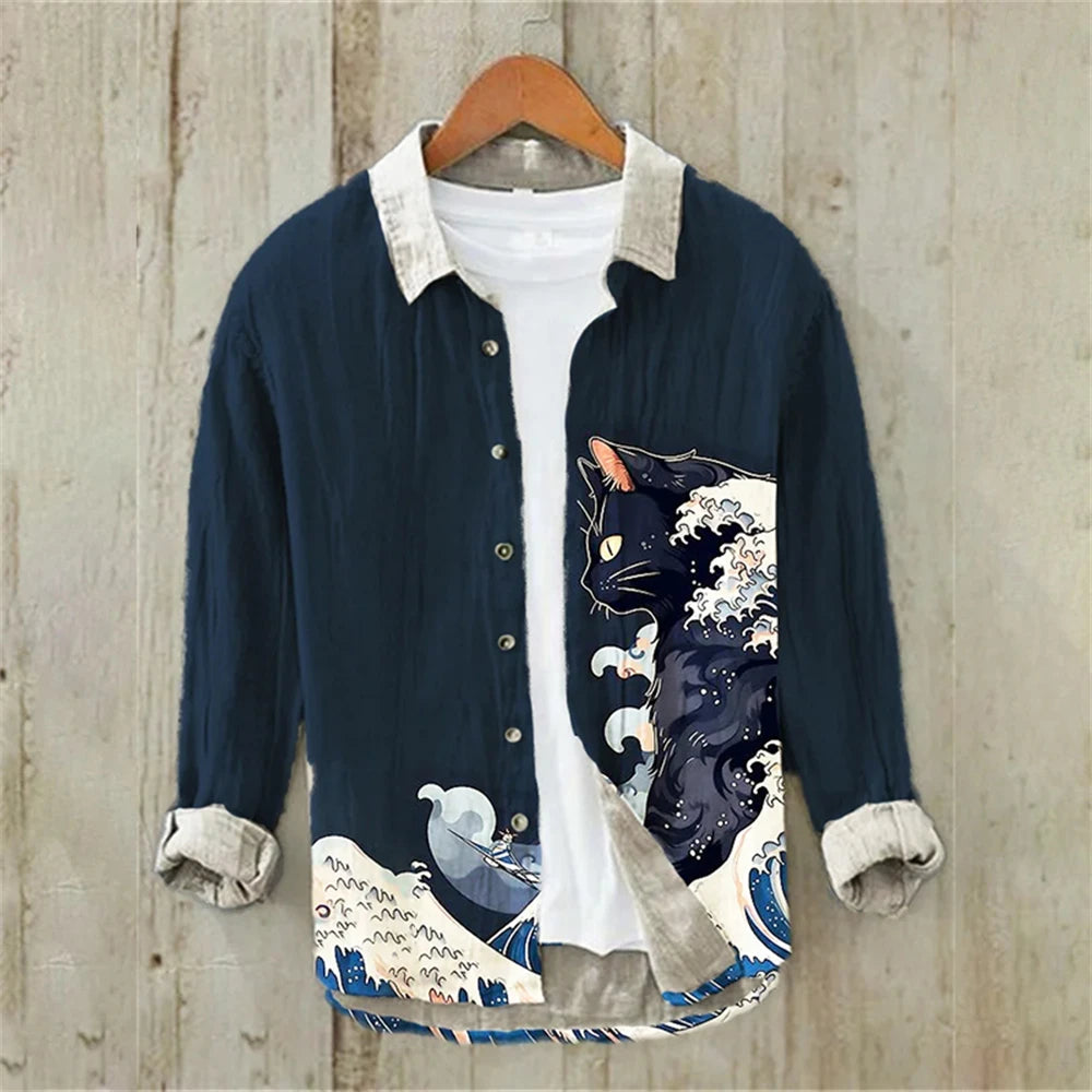 Men's Long Sleeve Shirt Linen Shirt Japanese Retro Ukiyo-e Fashion Street Casual Loose Comfort High Quality Men's Clothing