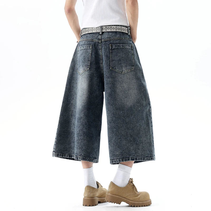 BTNY Men's Jorts American Rhinestone-Embellished Denim Shorts New Trendy Men Clothing Niche Design Capri Pants Summer P604