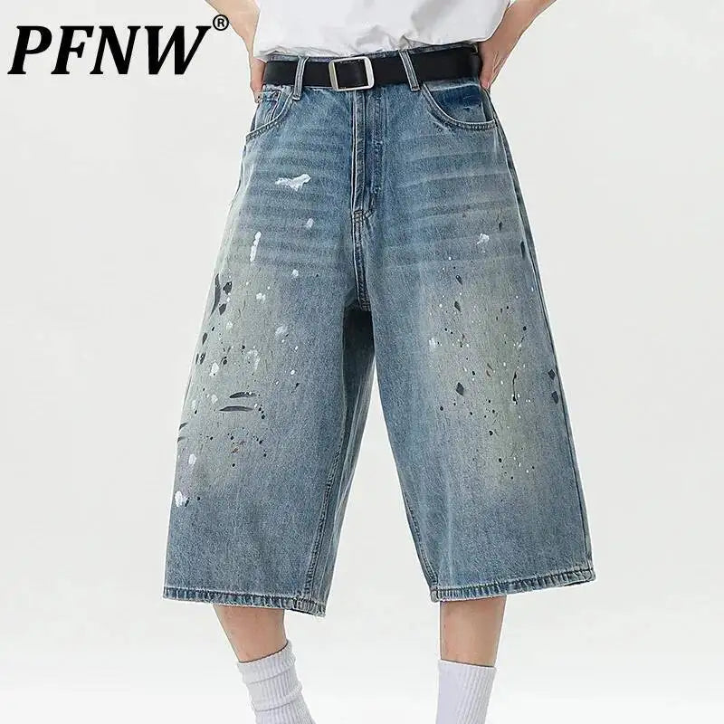 PFNW Seven-point Jeans 2025 Summer Print Design Korea Fashion Autumn Casual Male Trousers Streetwear 28W9110