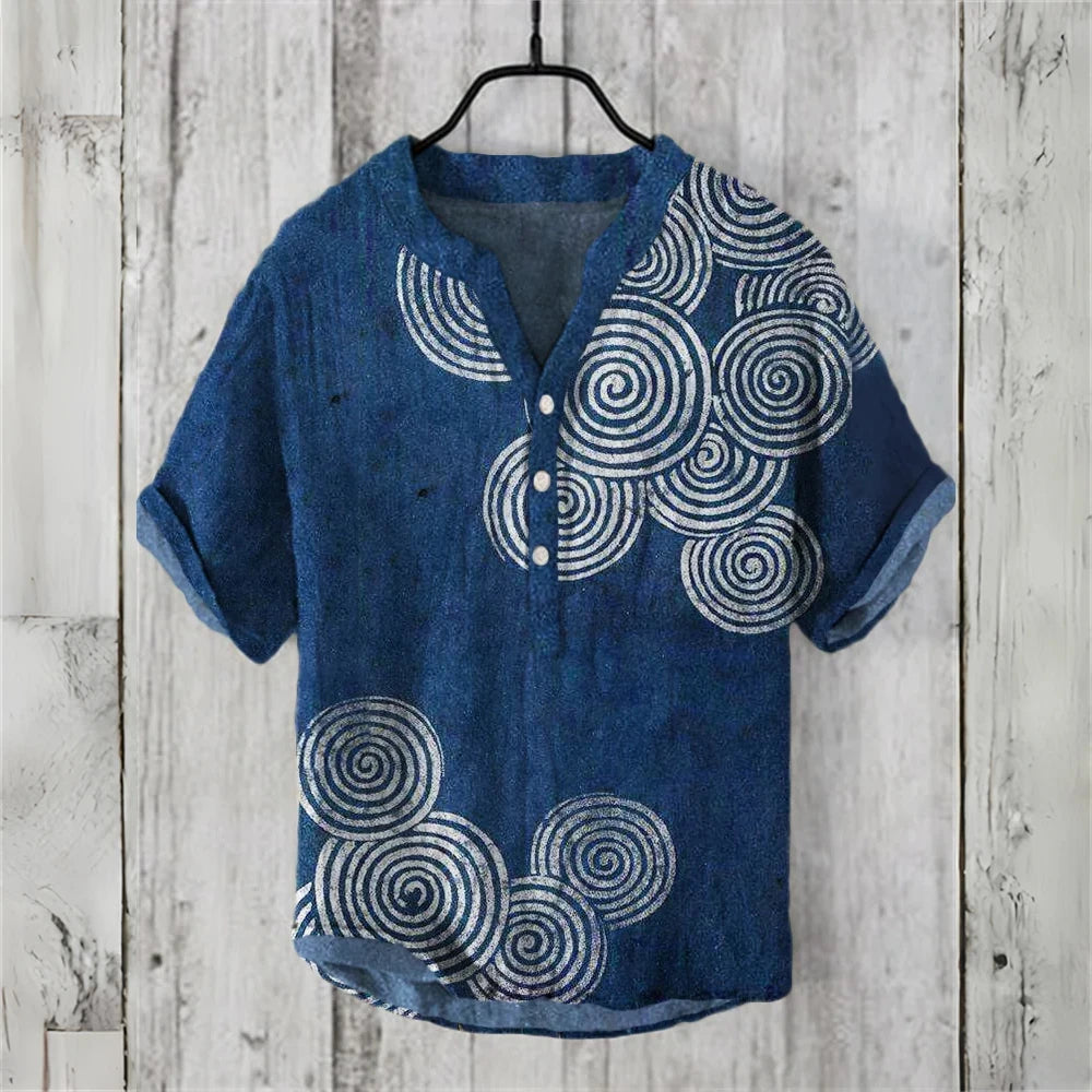 Men's short-sleeved POLO shirt linen blend clothing Japanese retro wave illustration high quality casual men's tops