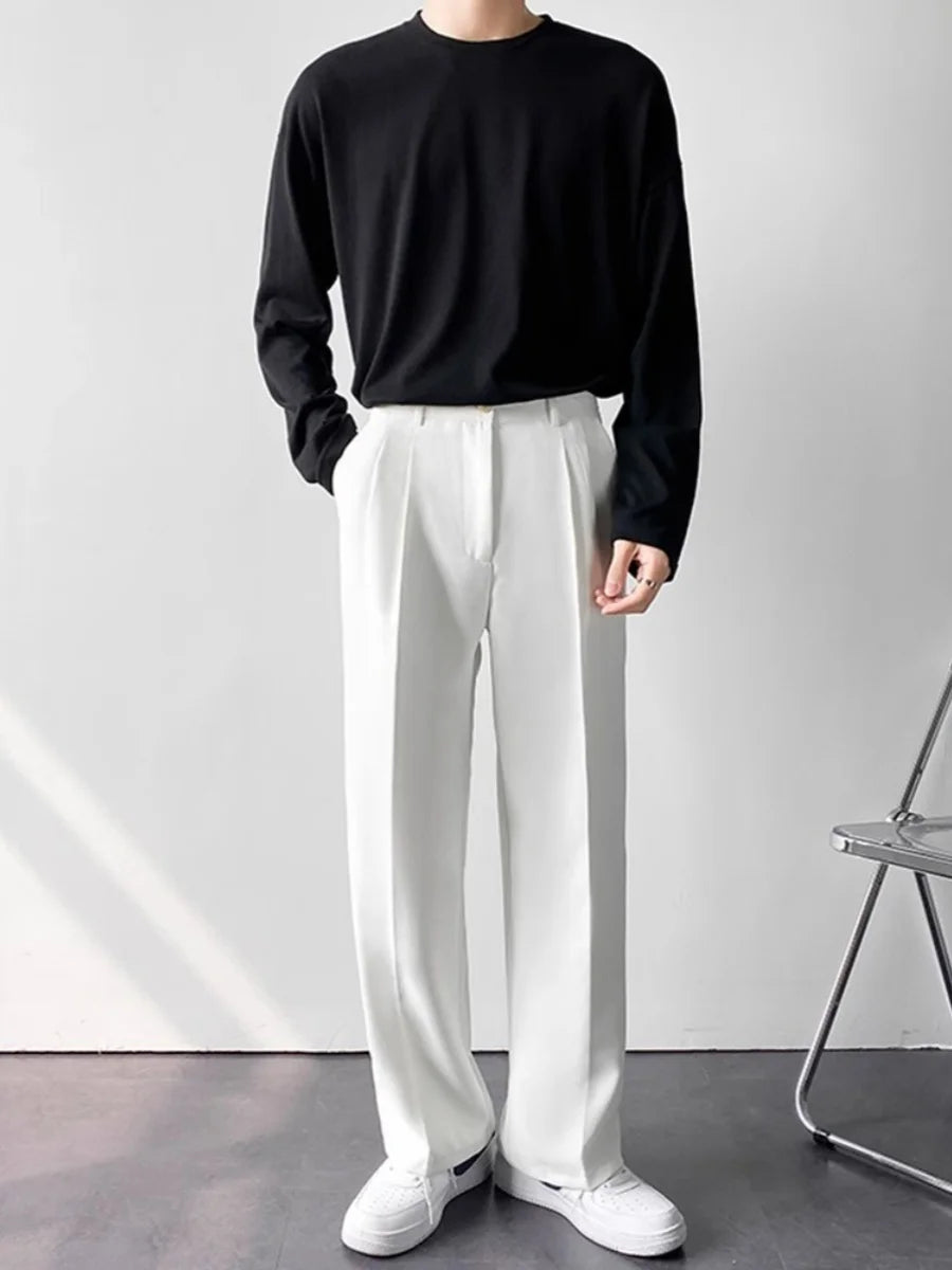 Korean Style Spring Summer Thin Wide Leg Pants Men's Loose Casual Long Trousers Dragging Pants Straight Cut White Casual Busi...