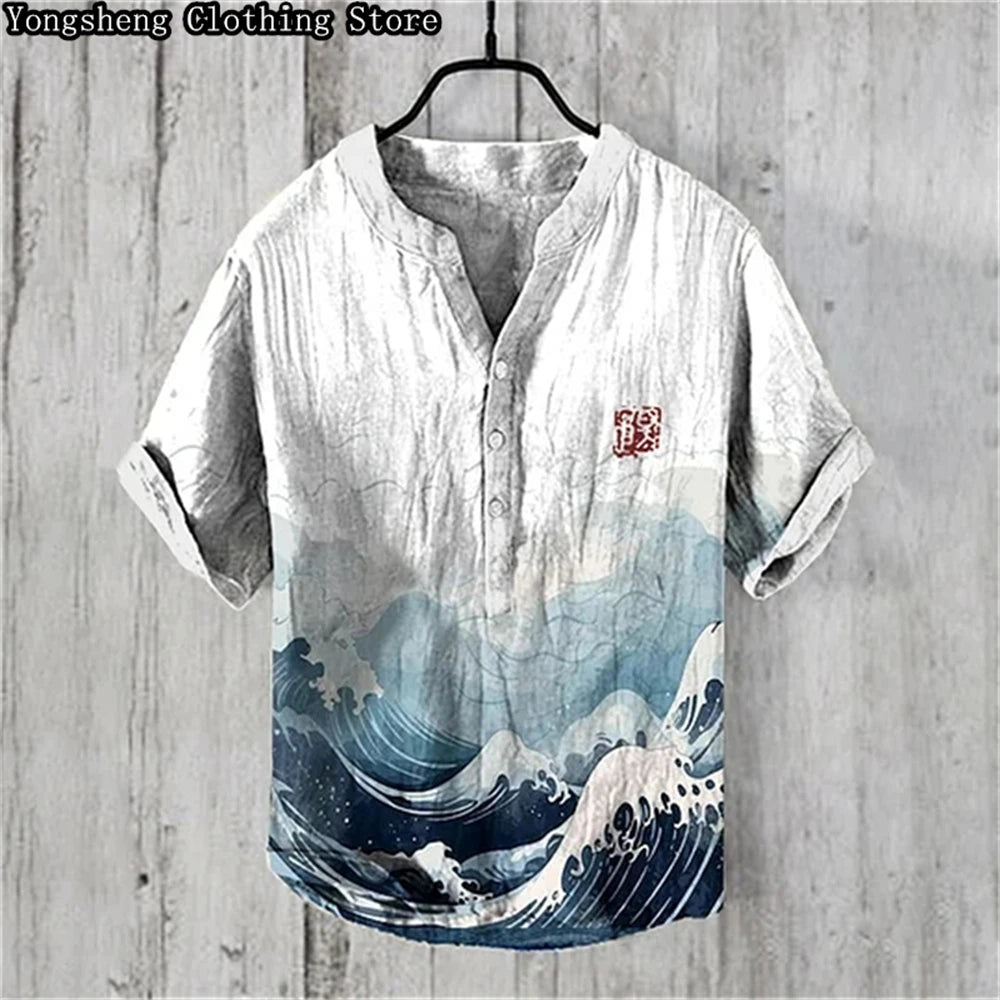 Men's Linen Print Casual POLO Shirt Short Sleeve 2024 New Ocean Whale Print Vacation Business Travel Large Size Plus Clothing