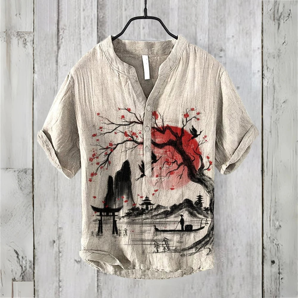 Men's short-sleeved POLO shirt imitation linen POLO shirt 2025 new welcome pine retro print casual Hawaiian men's clothing