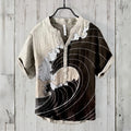 Men's short-sleeved POLO shirt imitation linen POLO shirt printed Kanagawa waves Japanese retro men's clothing