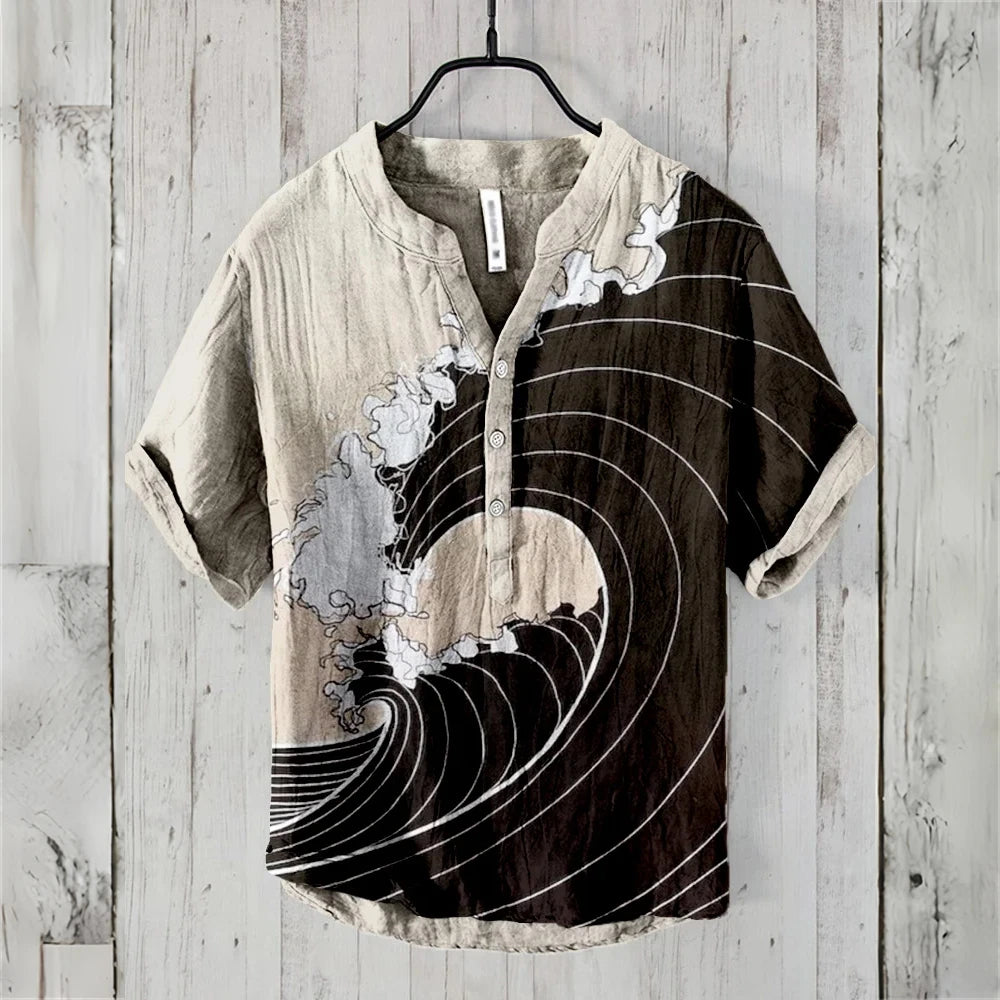 Men's short-sleeved POLO shirt imitation linen POLO shirt printed Kanagawa waves Japanese retro men's clothing