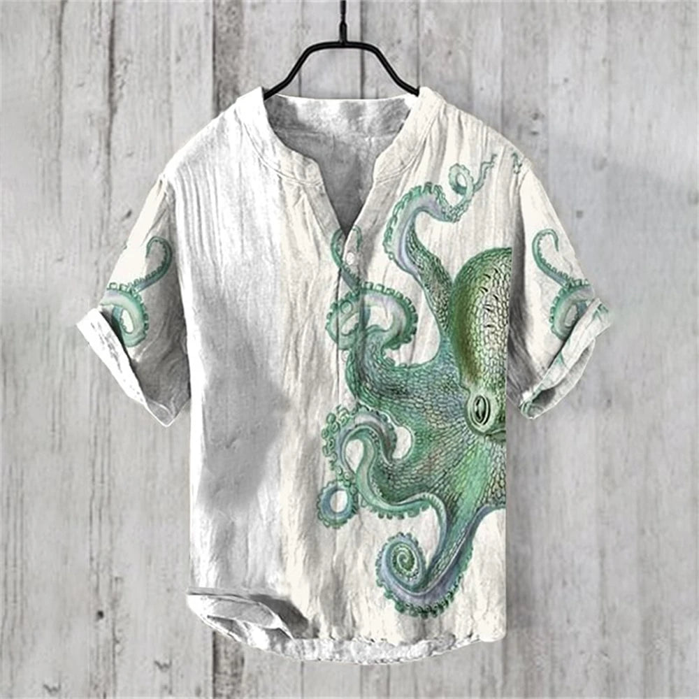 Summer Casual Men's Short Sleeve POLO Shirt Imitation Linen Printed POLO Shirt Maldives Hawaiian Vintage Clothing
