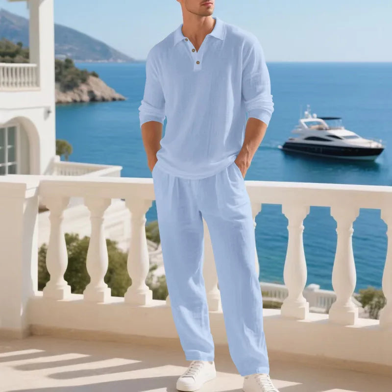 2026 Cross-border Spring and Autumn Linen Men's Casual Loose Simple Polo Shirt Long Sleeve Pants Two-piece Set