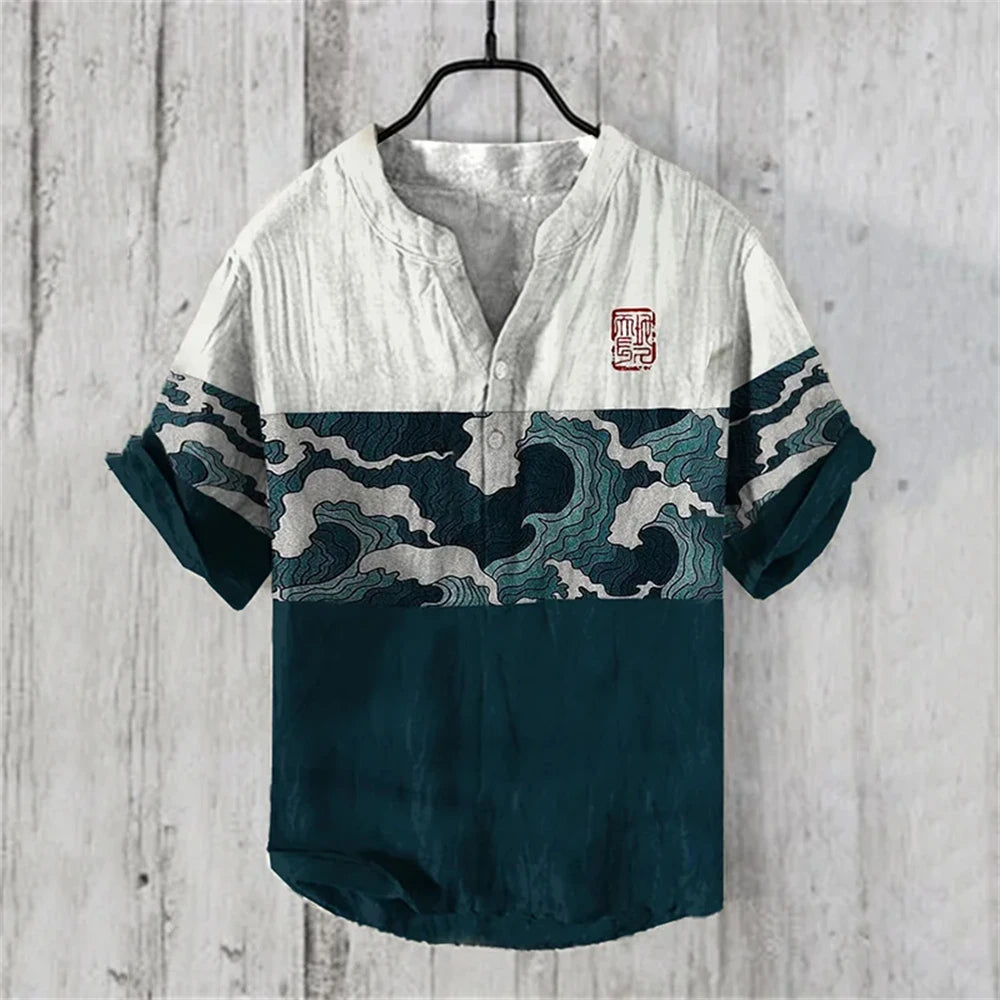 Men's short-sleeved POLO shirt imitation linen POLO shirt printed Kanagawa waves Japanese retro men's clothing