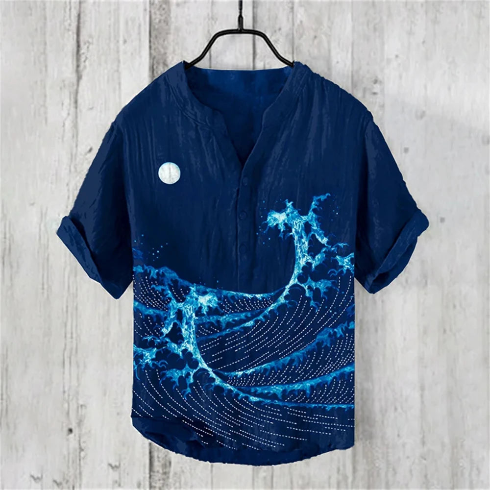 Men's short-sleeved POLO shirt imitation linen POLO shirt printed Kanagawa waves Japanese retro men's clothing