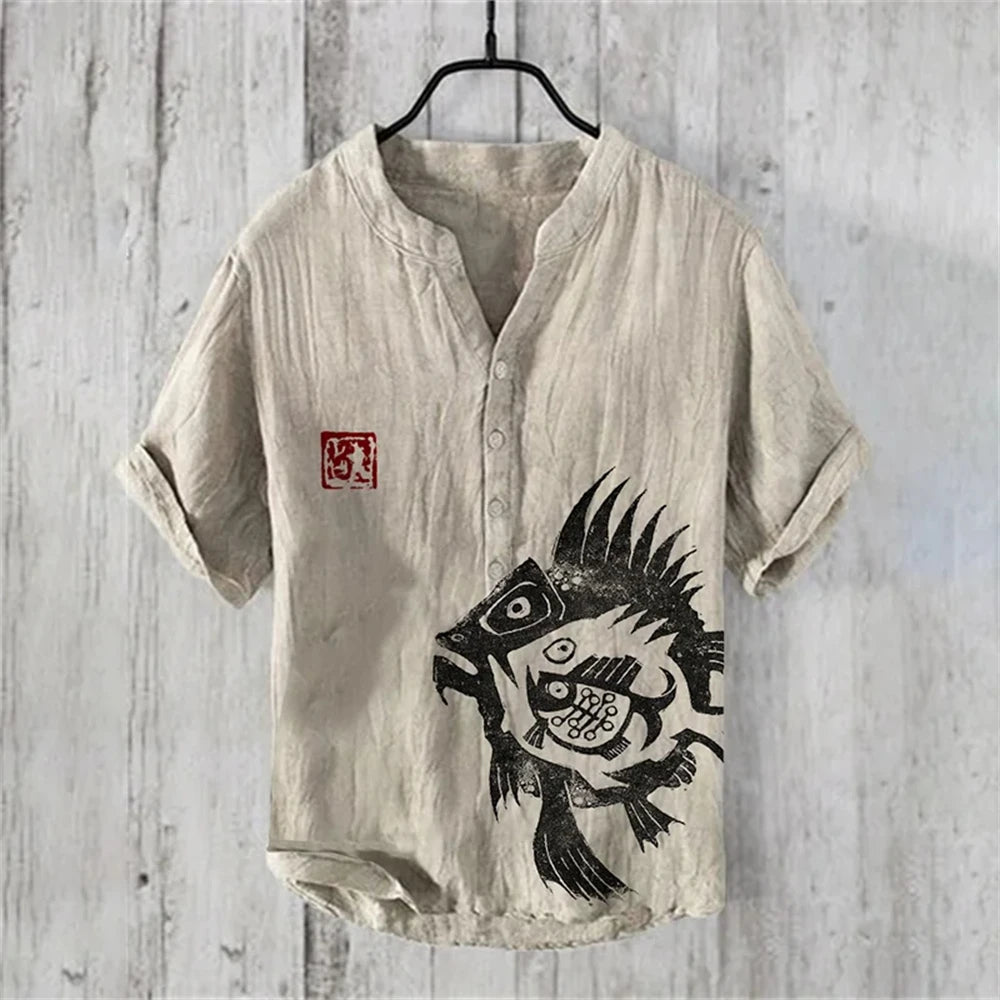 Men's Short Sleeve POLO Shirt Imitation Linen POLO Shirt Hot Sale Casual Japanese Vintage Hawaiian Vacation Men's Clothing