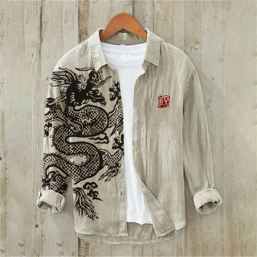 Men's Long Sleeve Shirt Linen Shirt Japanese Retro Ukiyo-e Fashion Street Casual Loose Comfort High Quality Men's Clothing