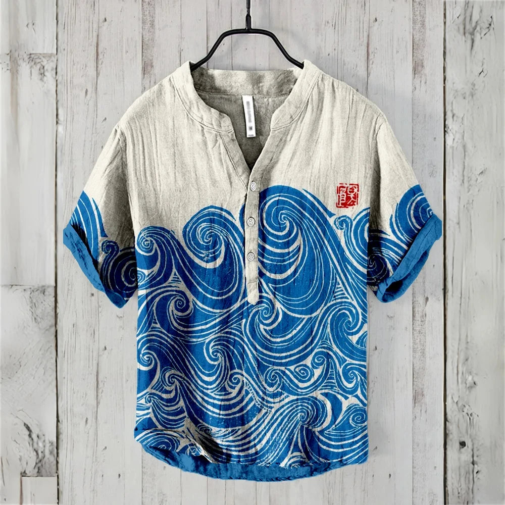 Men's short-sleeved POLO shirt linen blend clothing Japanese retro wave illustration high quality casual men's tops