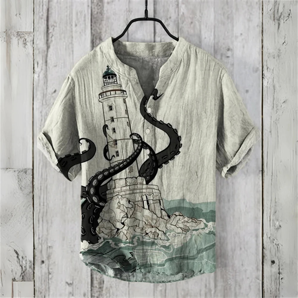 Summer Casual Men's Short Sleeve POLO Shirt Imitation Linen Printed POLO Shirt Maldives Hawaiian Vintage Clothing