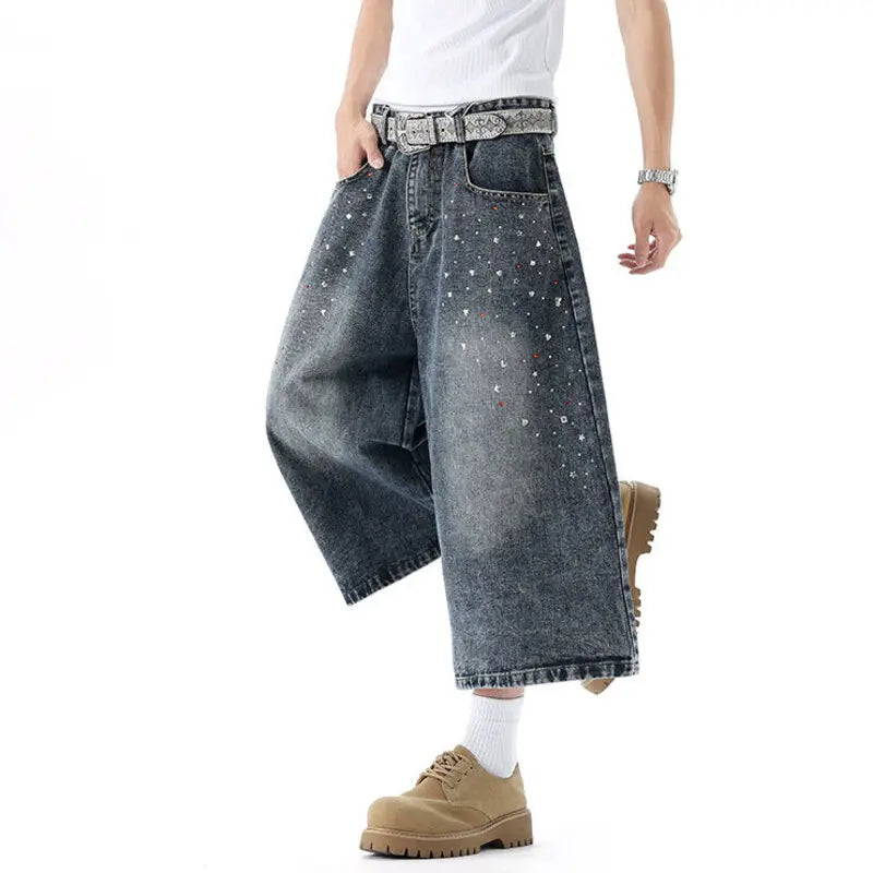 BTNY Men's Jorts American Rhinestone-Embellished Denim Shorts New Trendy Men Clothing Niche Design Capri Pants Summer P604