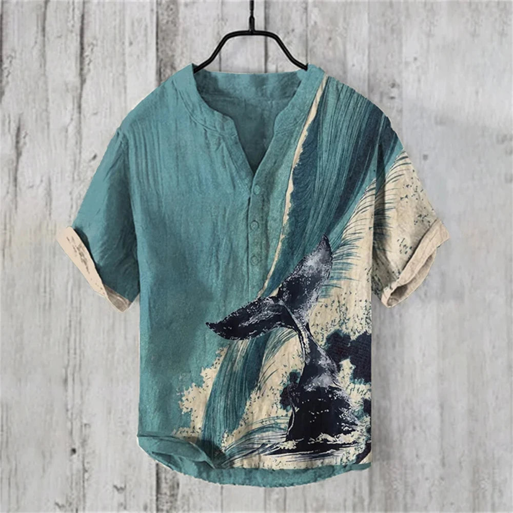 Men's short-sleeved POLO shirt blended linen top Hawaiian vacation great white shark fashion print Comfortable men's clothing