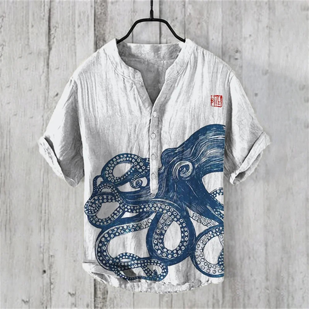 Summer Casual Men's Short Sleeve POLO Shirt Imitation Linen Printed POLO Shirt Maldives Hawaiian Vintage Clothing