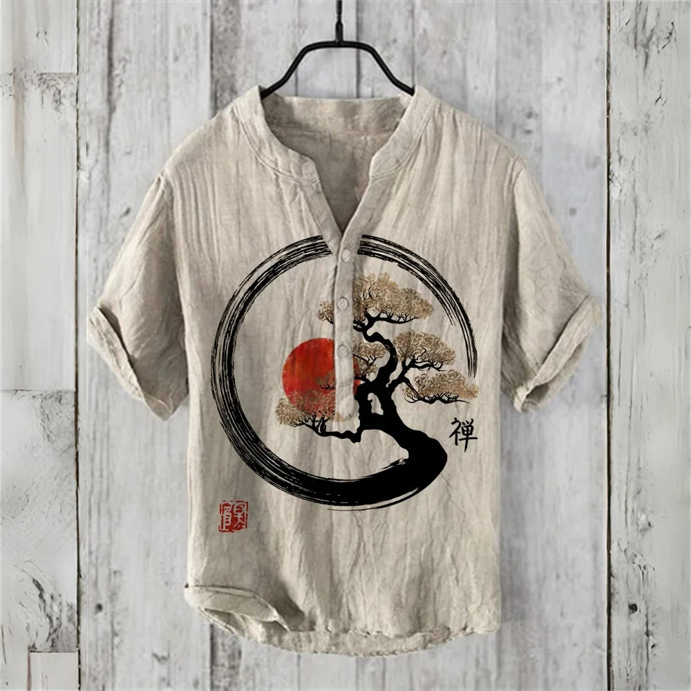 Men's short-sleeved POLO shirt imitation linen POLO shirt 2025 new welcome pine retro print casual Hawaiian men's clothing