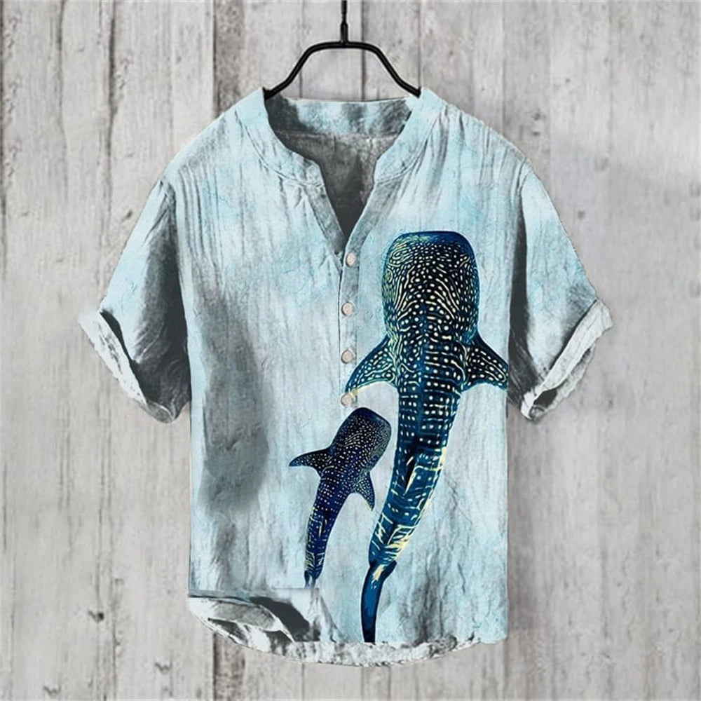 Men's short-sleeved POLO shirt blended linen top Hawaiian vacation great white shark fashion print Comfortable men's clothing