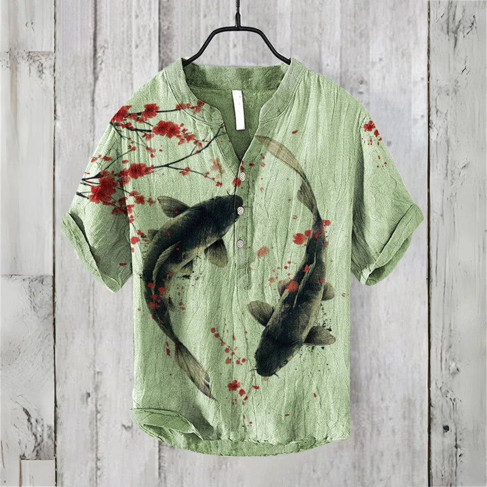 2025 New Retro Men's Short Sleeve POLO Shirt Linen Blended Printed Clothing Hawaiian Casual Fashion Large Size Men's Tops