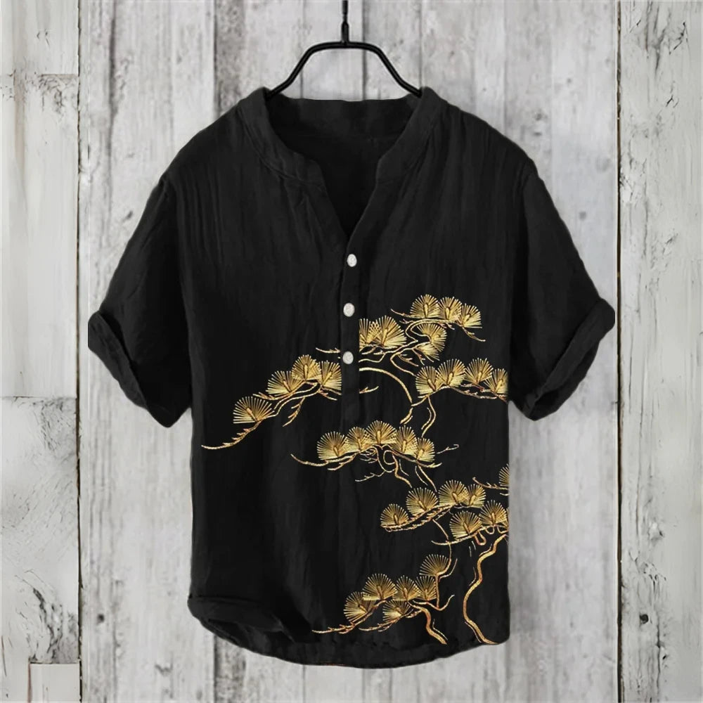 Men's short-sleeved POLO shirt imitation linen POLO shirt 2025 new welcome pine retro print casual Hawaiian men's clothing