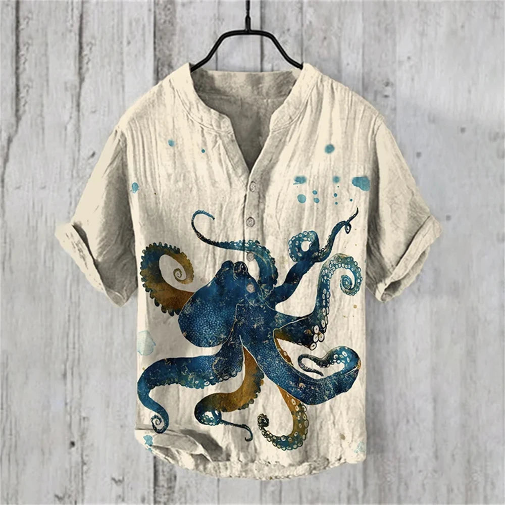 Summer Casual Men's Short Sleeve POLO Shirt Imitation Linen Printed POLO Shirt Maldives Hawaiian Vintage Clothing