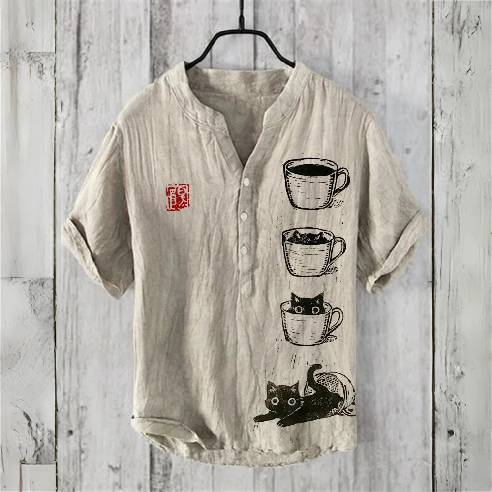 Men's Short Sleeve POLO Shirt Imitation Linen POLO Shirt Hot Sale Casual Japanese Vintage Hawaiian Vacation Men's Clothing