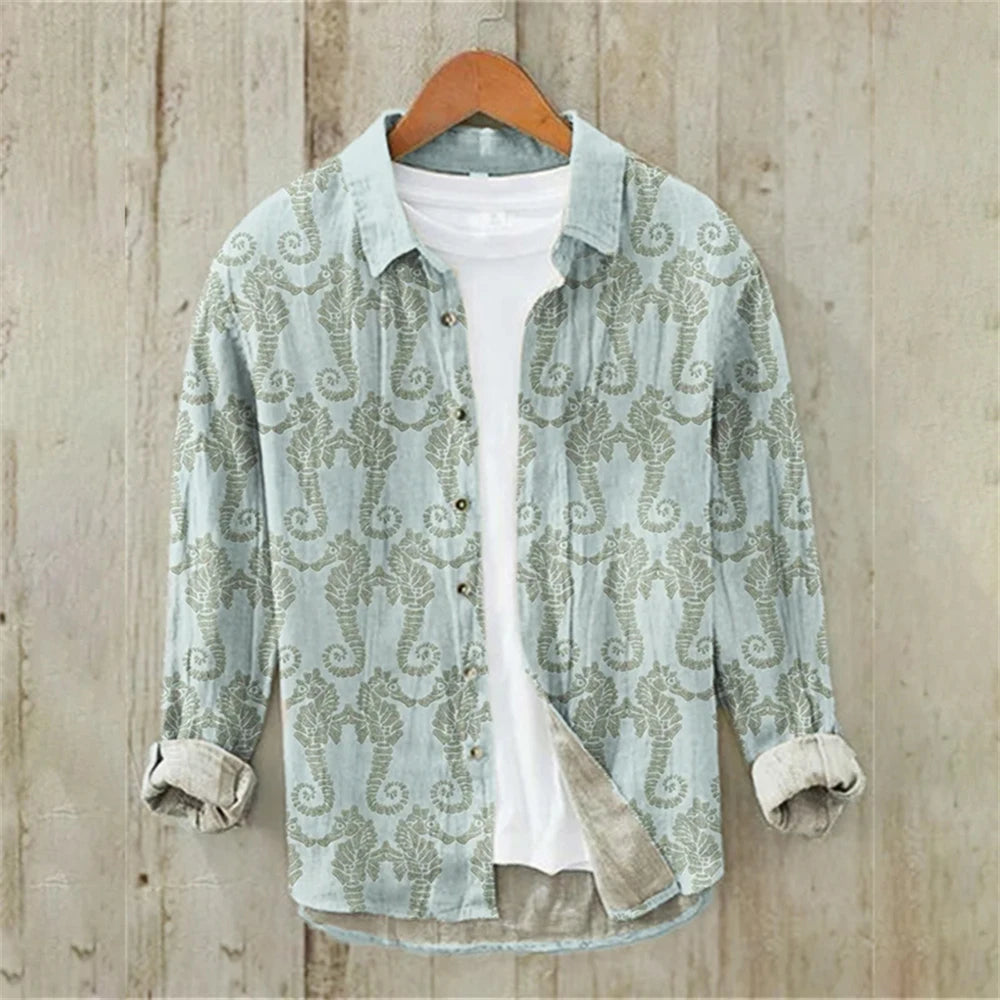 Men's Long Sleeve Shirt Linen Shirt Japanese Retro Ukiyo-e Fashion Street Casual Loose Comfort High Quality Men's Clothing