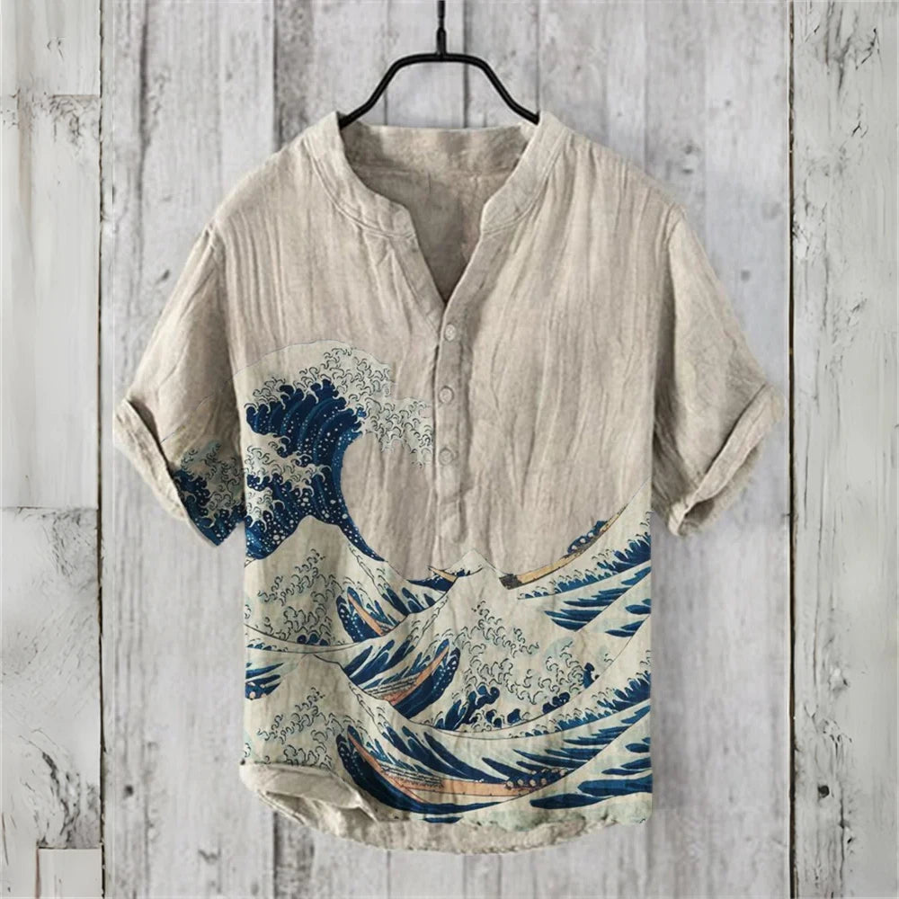 Men's short-sleeved POLO shirt imitation linen POLO shirt printed Kanagawa waves Japanese retro men's clothing