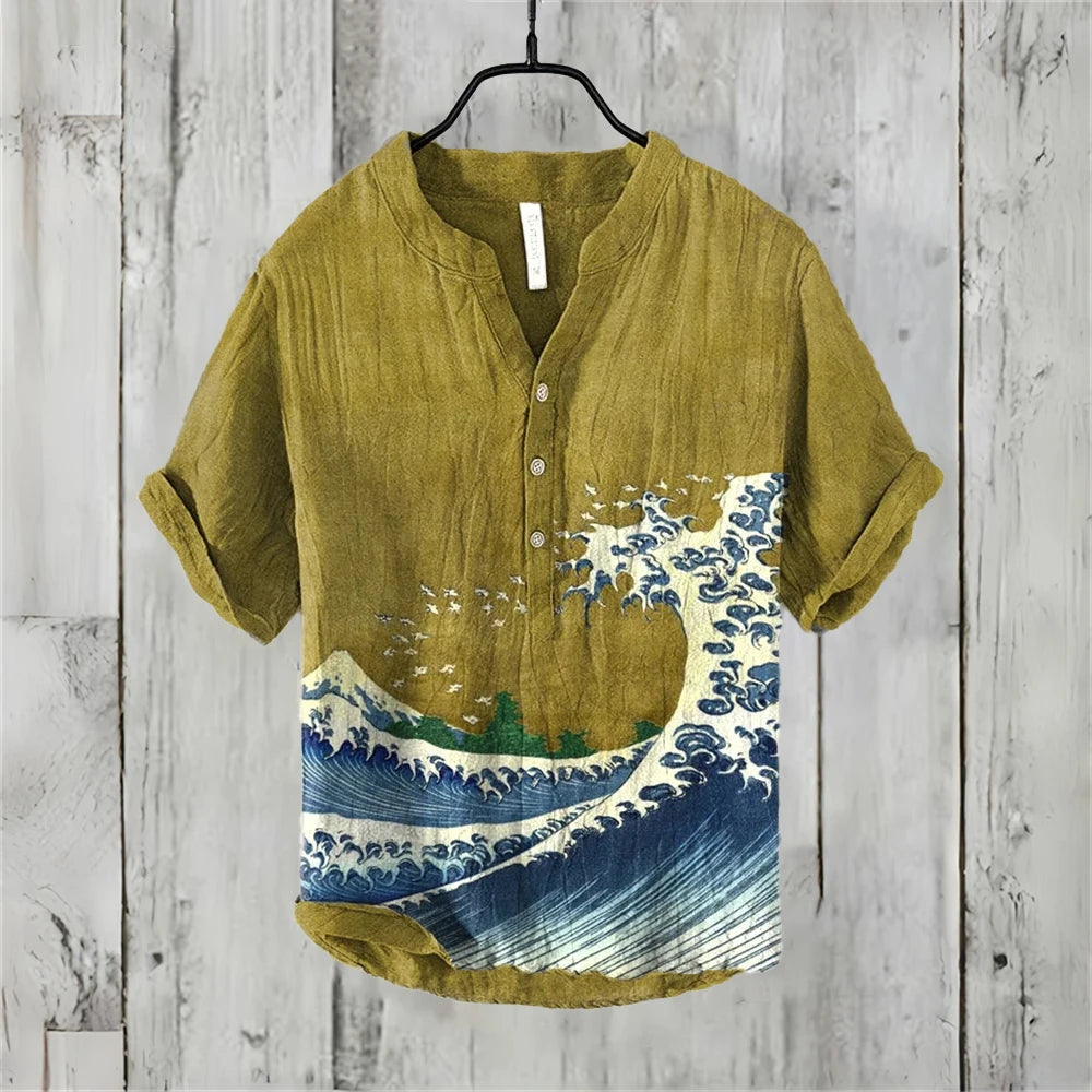 Men's short-sleeved POLO shirt imitation linen POLO shirt printed Kanagawa waves Japanese retro men's clothing