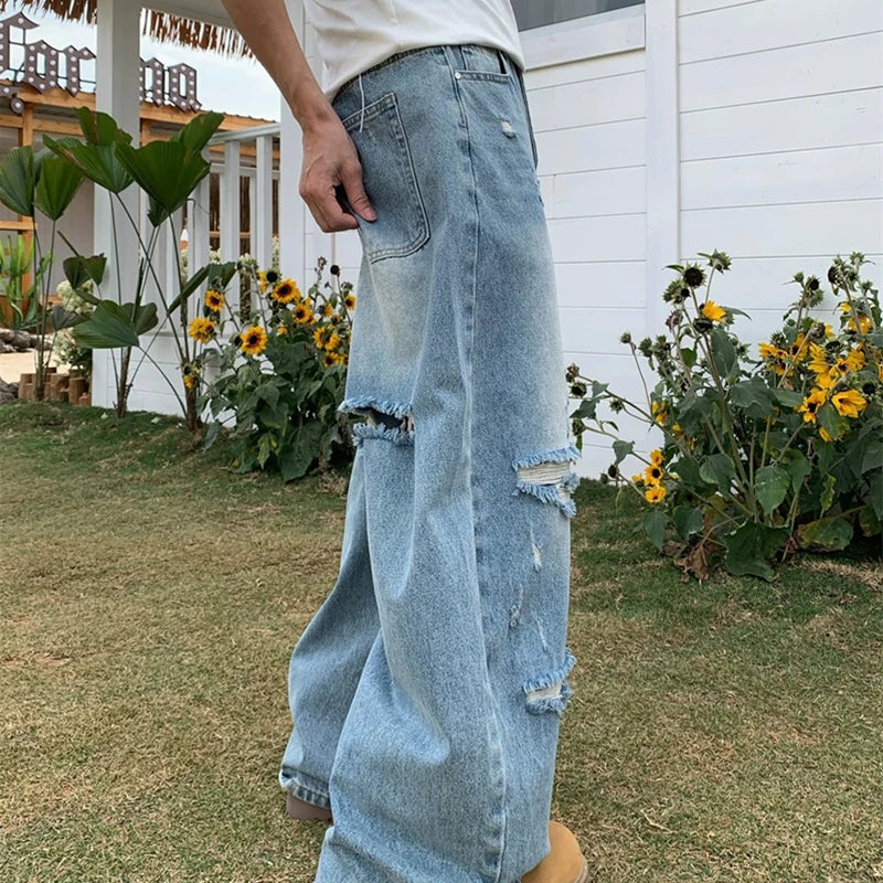 Men's Ripped Washed Straight Wide-leg Jeans Y2K Streetwear Cleanfit Blue Baggy Denim Pants Hip Hop Punk Fashion Jean Trousers