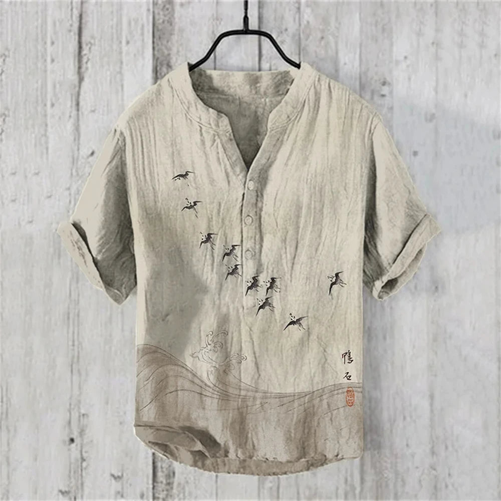 Chinese retro men's short-sleeved POLO shirt linen blended printed clothing casual fashion Hawaiian large size men's tops